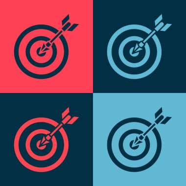 Renk arkaplanında ok simgesi olan Pop Art Target. Dart tahtası işareti. Okçuluk tahtası simgesi. Dartboard işareti. İş hedefi kavramı. Vektör İllüstrasyonu