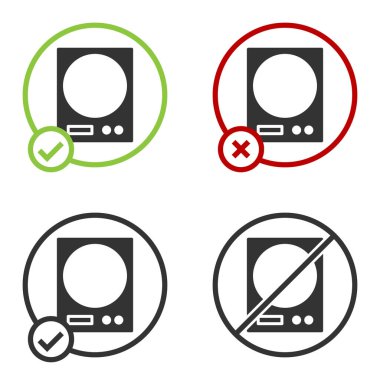 Siyah Elektronik ölçek simgesi beyaz arkaplanda izole edildi. Ağırlık ölçüm aletleri. Çember düğmesi. Vektör İllüstrasyonu