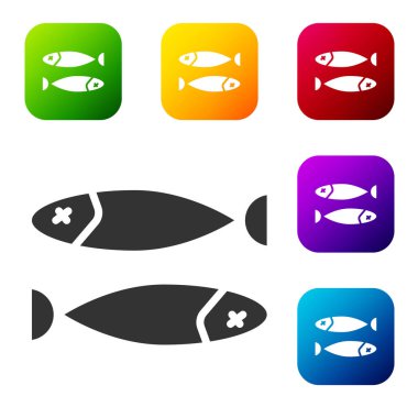Siyah kurutulmuş balık ikonu beyaz arka planda izole edilmiş. Renkli kare düğmelerle simgeleri ayarla. Vektör İllüstrasyonu