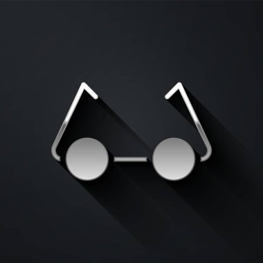 Gümüş Gözlük simgesi siyah arkaplanda izole edilmiş. Gözlük çerçevesi sembolü. Uzun gölge tarzı. Vektör İllüstrasyonu