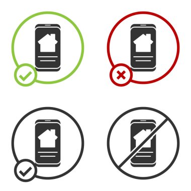 Akıllı telefon ikonundaki Black Online emlak evi beyaz arka planda izole edilmiş. Ev kredisi konsepti, kira, satın alma, mülk alma. Çember düğmesi. Vektör İllüstrasyonu