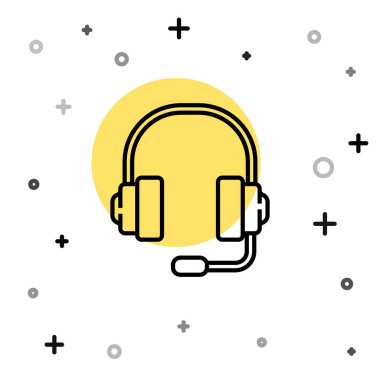 Siyah çizgi kulaklık simgesi beyaz arkaplanda izole edildi. Müşteri hizmetleri, yardım hattı, çağrı merkezi, faq, bakım. Rastgele dinamik şekiller. Vektör İllüstrasyonu