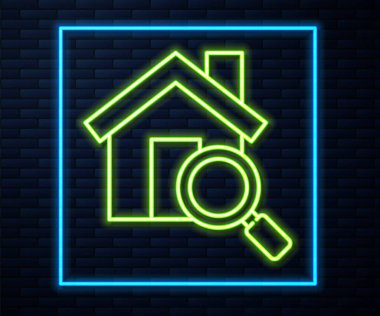 Parlayan neon hattı arama evi simgesi tuğla duvar arka planında izole edildi. Büyüteç altındaki bir evin emlak sembolü. Vektör İllüstrasyonu