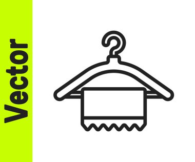 Siyah çizgi elbise askısı ikonu beyaz arka planda izole edildi. Temiz havlu işareti. Vestiyer ikonu. Kıyafet servis sembolü. Çamaşır askısı. Vektör İllüstrasyonu