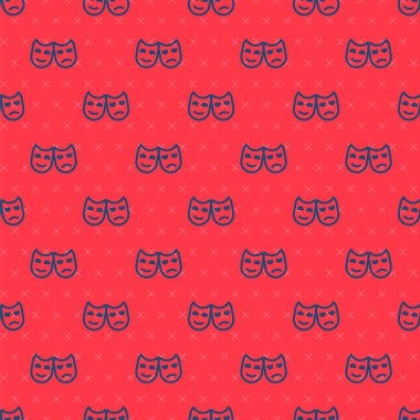 Mavi çizgi komedi ve trajedi teatral maskeler ikonu kırmızı arka planda izole edilmiş kusursuz desen. Vektör İllüstrasyonu