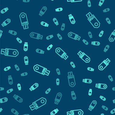 Yeşil çizgi USB flash disk simgesi mavi arkaplanda izole edilmiş pürüzsüz desen. Vektör İllüstrasyonu