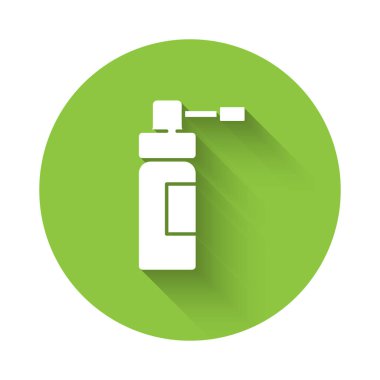 Burun ve boğaz ikonu hastalıklarının tedavisi için uzun gölgeli bir sprey sıkılmış beyaz tıbbi şişe. Yeşil daire düğmesi. Vektör İllüstrasyonu