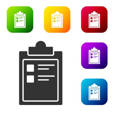 Siyah Spor Eğitim Programı ya da spor planı simgesi beyaz arkaplanda izole edildi. Renkli kare düğmelerle simgeleri ayarla. Vektör İllüstrasyonu