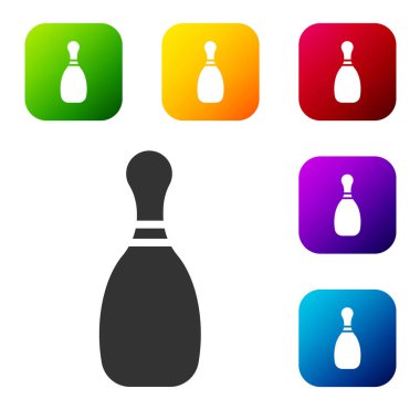 Siyah Bowling pin simgesi beyaz arkaplanda izole edildi. Renkli kare düğmelerle simgeleri ayarla. Vektör İllüstrasyonu