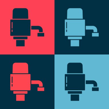 Renkli arka planda izole edilmiş şişe su ikonu için pop sanat mekanik pompası. Vektör İllüstrasyonu