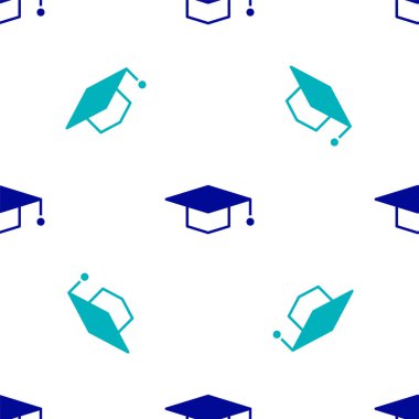 Mavi Mezuniyet Şapkası simgesi beyaz arka planda izole edilmiş kusursuz desen. Tassel ikonlu mezuniyet şapkası. Vektör İllüstrasyonu