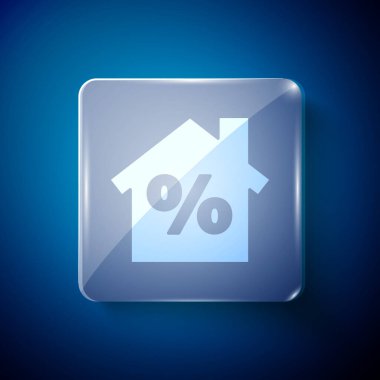 Mavi arka planda özel indirimli etiket simgesine sahip Beyaz Saray. Emlak evi. Kredi yüzdesi sembolü. Kare cam paneller. Vektör İllüstrasyonu