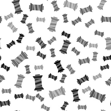 Makarna simgesinde siyah dikiş ipliği beyaz arkaplanda izole edilmiş pürüzsüz desen. İplik makarası. İplik kutusu. Vektör İllüstrasyonu