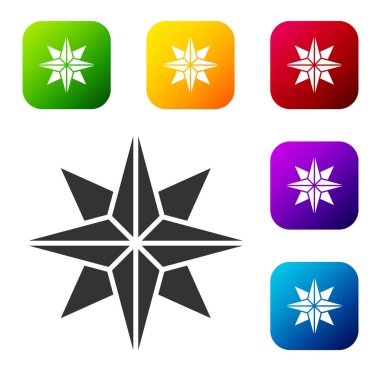 Siyah Rüzgar gül simgesi beyaz arkaplanda izole edildi. Seyahat için pusula simgesi. Navigasyon tasarımı. Renkli kare düğmelerle simgeleri ayarla. Vektör İllüstrasyonu