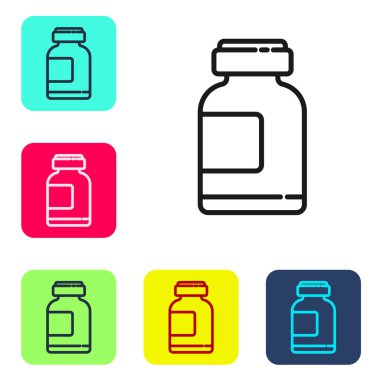 Siyah çizgi spor, vücut geliştirme, protein enerji içeceği ve beyaz arka planda izole edilmiş yiyecek ikonu. Renkli kare düğmelerle simgeleri ayarla. Vektör İllüstrasyonu