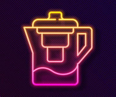 Siyah arkaplanda izole edilmiş bir filtre ikonu olan parlak neon hattı su testisi. Vektör İllüstrasyonu