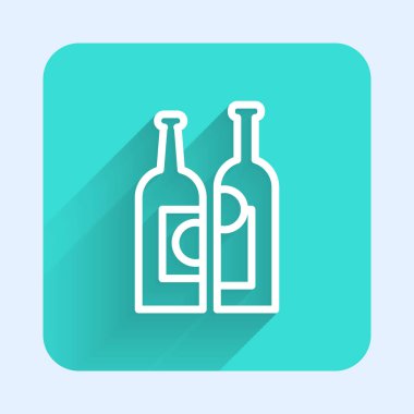 Beyaz çizgi şarap şişeleri uzun gölgeli izole edilmiş. Yeşil kare düğmesi. Vektör İllüstrasyonu