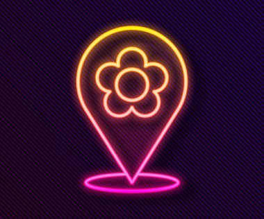 Siyah zemin üzerinde çiçek simgesi olan parlak neon çizgisi konumu. Vektör İllüstrasyonu