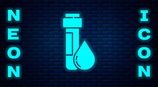 Glowing Neon Test Tube Water Drop Icon Isolated Brick Wall — Stock Vector