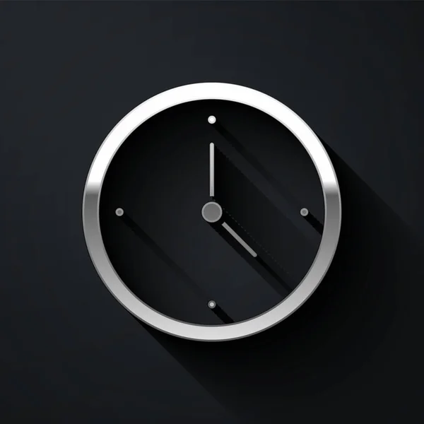 Silver Clock Icoon Geïsoleerd Zwarte Achtergrond Tijdsymbool Lange Schaduw Stijl — Stockvector
