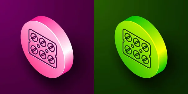 在紫色和绿色背景上隔离的水泡包装图标中的等距线药丸 维生素 抗生素 阿司匹林的药包 圆形按钮 病媒图解 — 图库矢量图片