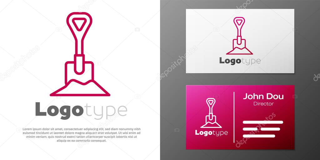 Logotype line Shovel in the ground icon isolated on white background. Gardening tool. Tool for horticulture, agriculture, farming. Logo design template element. Vector Illustration