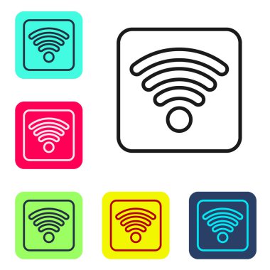 Siyah çizgi Wi-Fi kablosuz internet ağ sembolü simgesi beyaz arkaplanda izole edildi. Renkli kare düğmelerle simgeleri ayarla. Vektör İllüstrasyonu