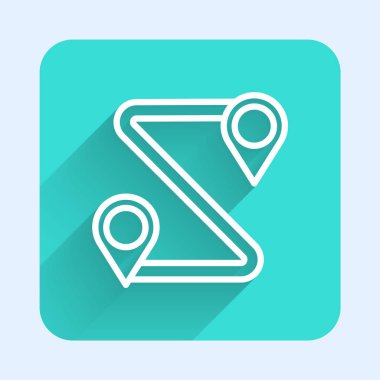 Beyaz çizgi rota simgesi uzun gölgeli izole edildi. Harita işaretçisi işareti. Yol ya da yol kavramı. GPS navigatörü. Yeşil kare düğmesi. Vektör İllüstrasyonu
