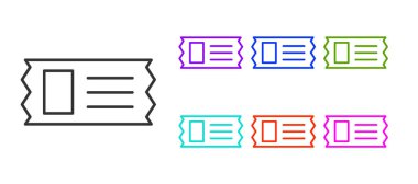 Siyah çizgi sinema bileti simgesi beyaz arkaplanda izole edildi. Simgeleri renklendirin. Vektör İllüstrasyonu