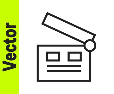 Siyah çizgi film alkışlayıcı simgesi beyaz arkaplanda izole edildi. Film alkışlama tahtası. Alkış tahtası işareti. Sinema yapımı ya da medya endüstrisi. Vektör İllüstrasyonu