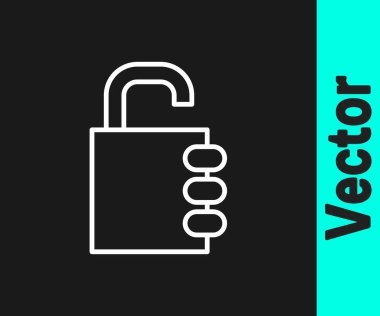 Siyah arkaplanda beyaz hat şifreli kilit simgesi izole edildi. Kombinasyon asma kilit. Güvenlik, güvenlik, koruma, şifre, gizlilik. Vektör İllüstrasyonu