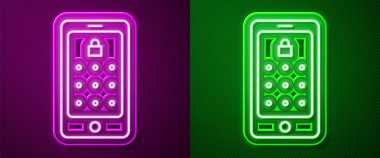 Parlayan neon hattı cep telefonu ve mor ve yeşil arkaplanda izole edilmiş grafik şifre koruma ikonu. Güvenlik, kişisel erişim, kullanıcı yetkisi. Vektör İllüstrasyonu