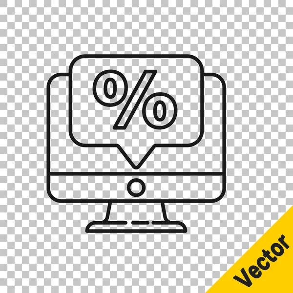 Schwarze Linie Prozentsatz Rabatt Und Monitor Symbol Isoliert Auf Transparentem — Stockvektor
