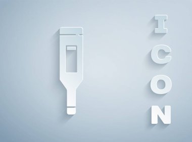 Tıbbi muayene ikonu için kağıt kesilmiş dijital termometre gri arka planda izole edilmiş. Kağıt sanatı tarzı. Vektör İllüstrasyonu