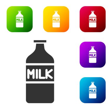 Siyah kapalı cam şişe ve beyaz arka planda izole edilmiş süt ikonu. Renkli kare düğmelerle simgeleri ayarla. Vektör İllüstrasyonu