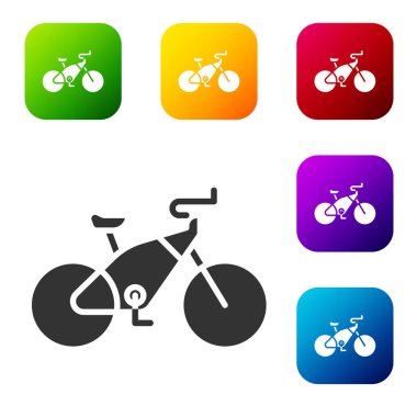 Beyaz arkaplanda siyah bisiklet simgesi izole edildi. Bisiklet yarışı. Olağanüstü bir spor. Spor malzemeleri. Renkli kare düğmelerle simgeleri ayarla. Vektör İllüstrasyonu