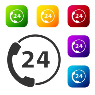 Siyah Telefon, beyaz arkaplanda 24 saat boyunca izole edilmiş destek ikonu. Tüm gün müşteri destek merkezi. Tam zamanlı çağrı servisi. Renkli kare düğmelerle simgeleri ayarla. Vektör İllüstrasyonu