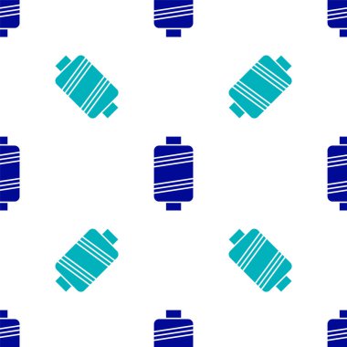 Makarna simgesinde mavi dikiş ipliği beyaz arkaplanda izole edilmiş pürüzsüz desen. İplik makarası. İplik kutusu. Vektör İllüstrasyonu