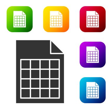 Siyah Dosya belge simgesi beyaz arkaplanda izole edildi. Kontrol listesi simgesi. İş konsepti. Renkli kare düğmelerle simgeleri ayarla. Vektör İllüstrasyonu