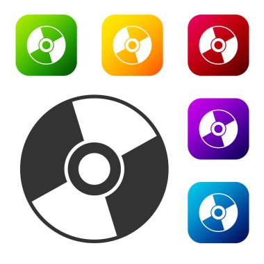 Beyaz arkaplanda siyah CD veya DVD disk simgesi izole edildi. Küçük disk işareti. Renkli kare düğmelerle simgeleri ayarla. Vektör İllüstrasyonu