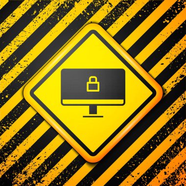 Bilgisayar monitörü simgesindeki siyah kilit sarı arkaplanda izole edildi. Güvenlik, güvenlik, koruma kavramı. Güvenli bir ağ. Uyarı işareti. Vektör İllüstrasyonu