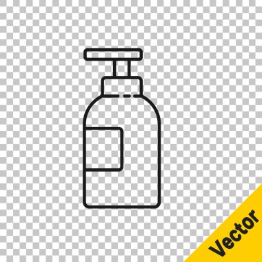 Siyah çizgi El dezenfektanı, şeffaf arka planda izole edilmiş. Dezenfeksiyon konsepti. Yıkama jeli. Hijyen için alkol şişesi. Vektör İllüstrasyonu
