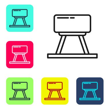 Siyah çizgili Pommel at simgesi beyaz arkaplanda izole edilmiş. Atlama ve jimnastik için spor aletleri. Renkli kare düğmelerle simgeleri ayarla. Vektör İllüstrasyonu