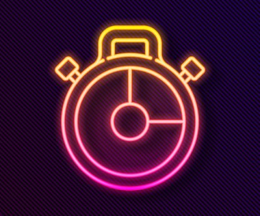 Parlayan neon hattı Stopwatch simgesi siyah arkaplanda izole edildi. Zaman göstergesi. Kronometre işareti. Vektör İllüstrasyonu