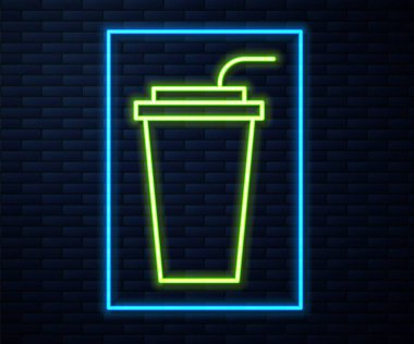 Duvarda izole edilmiş pipet ve su ikonu ile parlayan neon şeritli kağıt bardak. Soda bardağı. Taze soğuk içecek sembolü. Vektör İllüstrasyonu