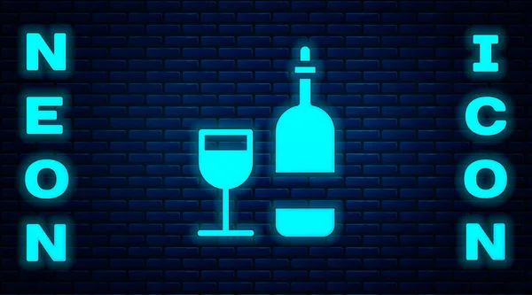 Leuchtende Neonfarbene Weinflasche Mit Glassymbol Isoliert Auf Backsteinwand Hintergrund Vektorillustration — Stockvektor