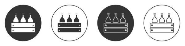 黑色酒瓶 装在木制盒子图标中 白色背景隔离 装在木箱图标里的酒瓶 圆形按钮 病媒图解 — 图库矢量图片