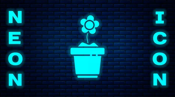 レンガの壁の背景に隔離されたポットアイコンで輝くネオンフラワー 鉢の中で育つ植物 鉢植えの看板 ベクトルイラストレーション — ストックベクタ