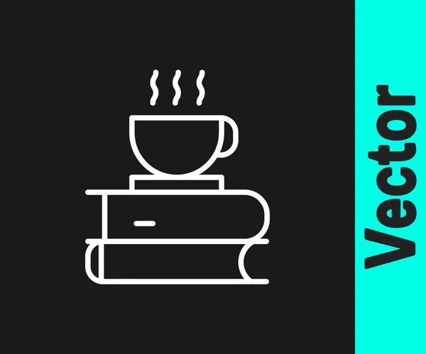 Weiße Linie Kaffeetasse Und Buchsymbol Isoliert Auf Schwarzem Hintergrund Teetasse — Stockvektor