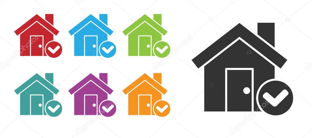 Black House with check mark icon isolated on white background. Real estate agency or cottage town elite class. Set icons colorful. Vector Illustration